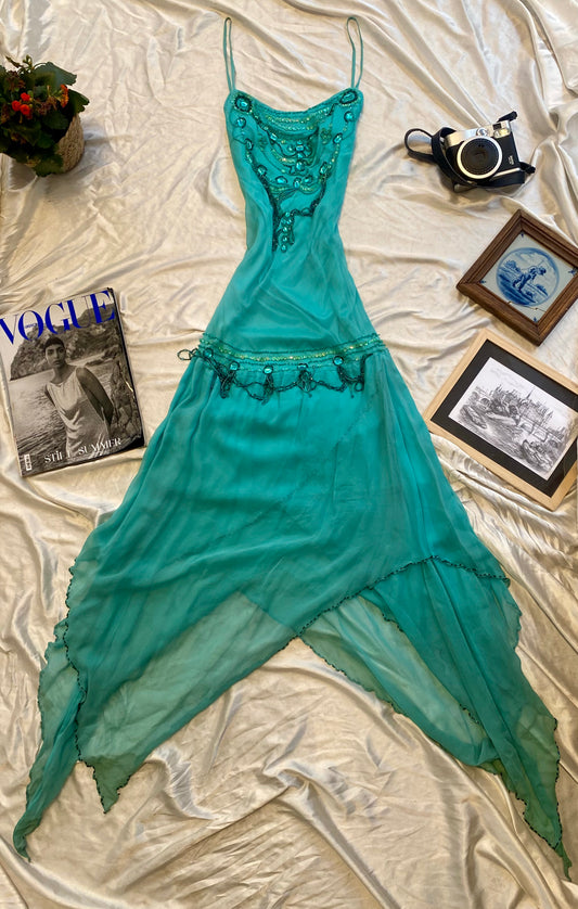 100% silk Turquoise floor length sequin gown 🧚