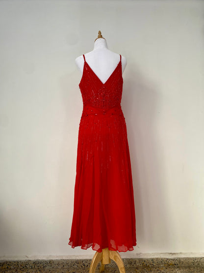100% silk brand new red gown with all over handbeaded details