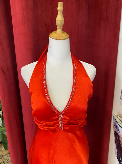Red maxi satin gown with rhinestones