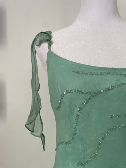 100% silk brand new light turquoise dress with all over handbeaded details