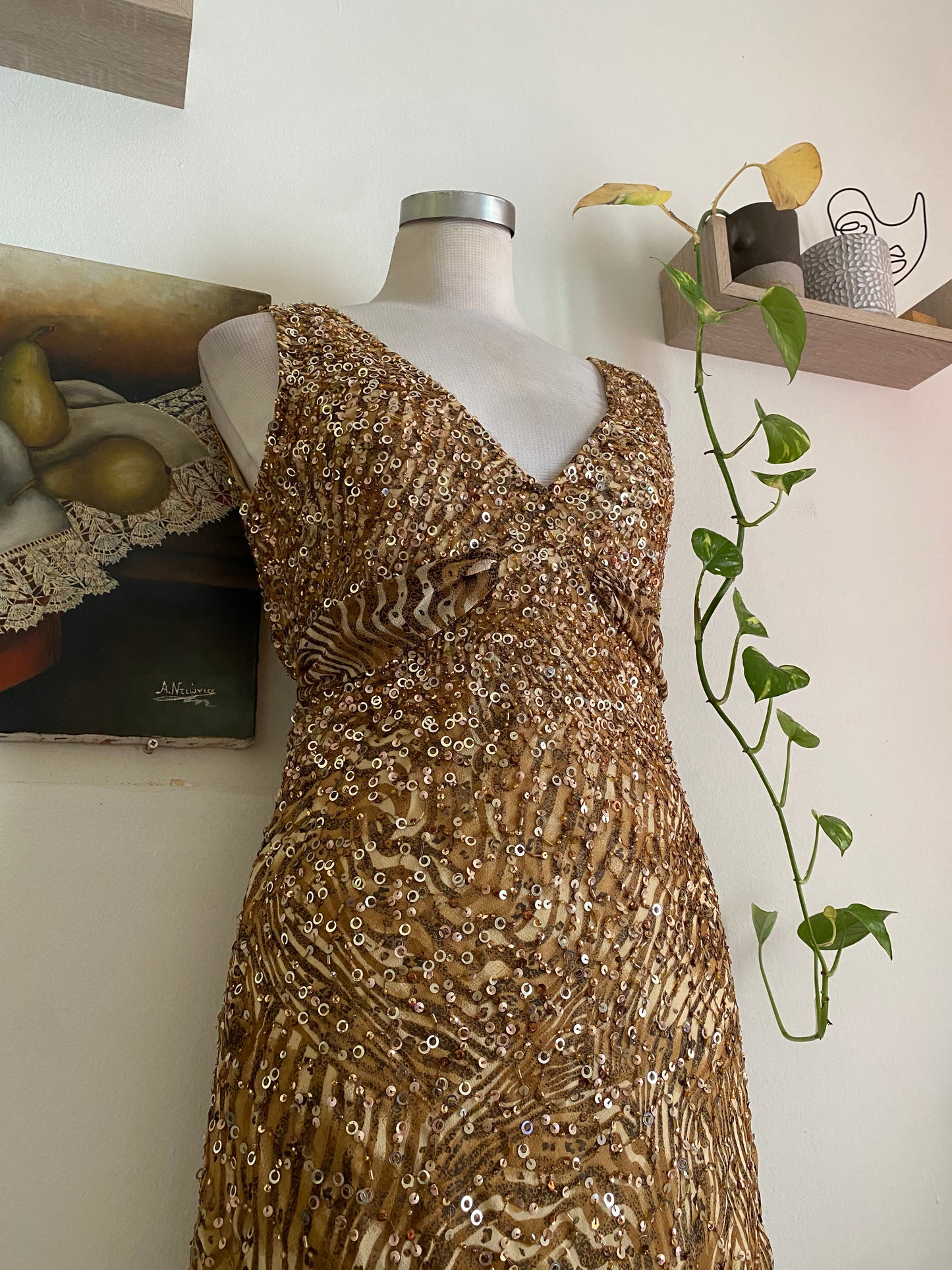 100% silk mini all over handbeaded gown