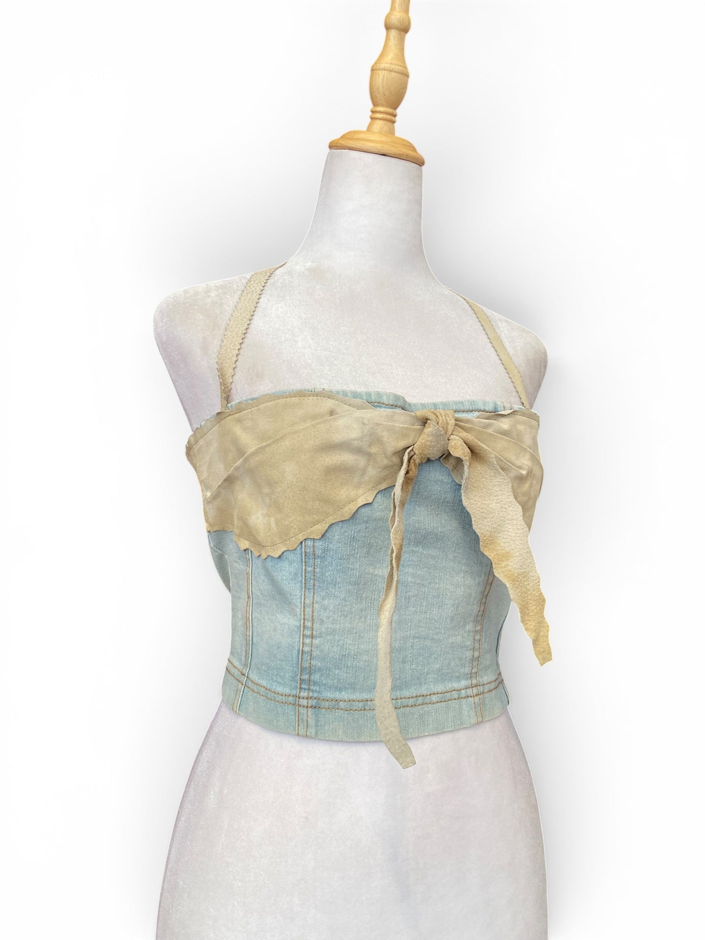 Denim corset with leather details