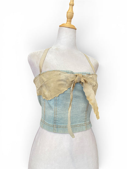 Denim corset with leather details