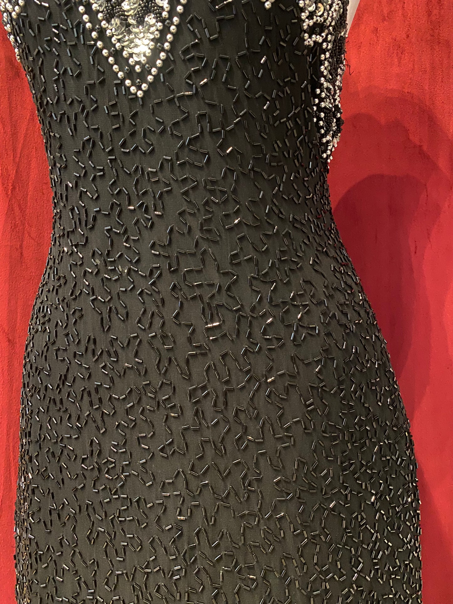 100% silk black dress with all over handbeaded details