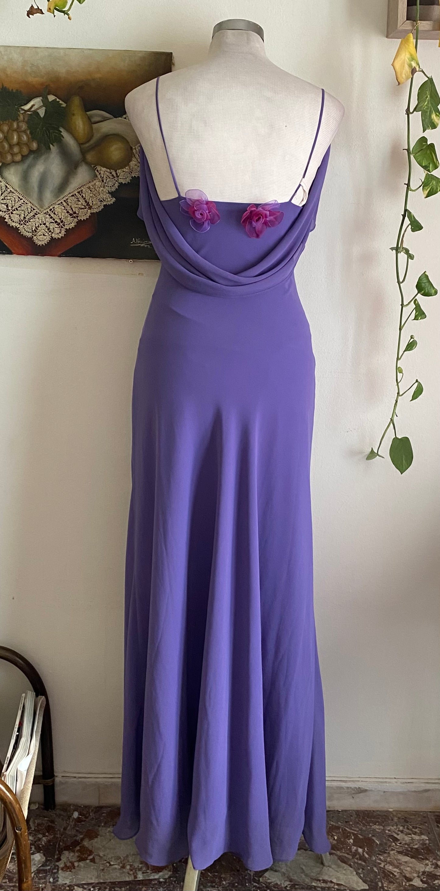 Deep purple gown with flower details