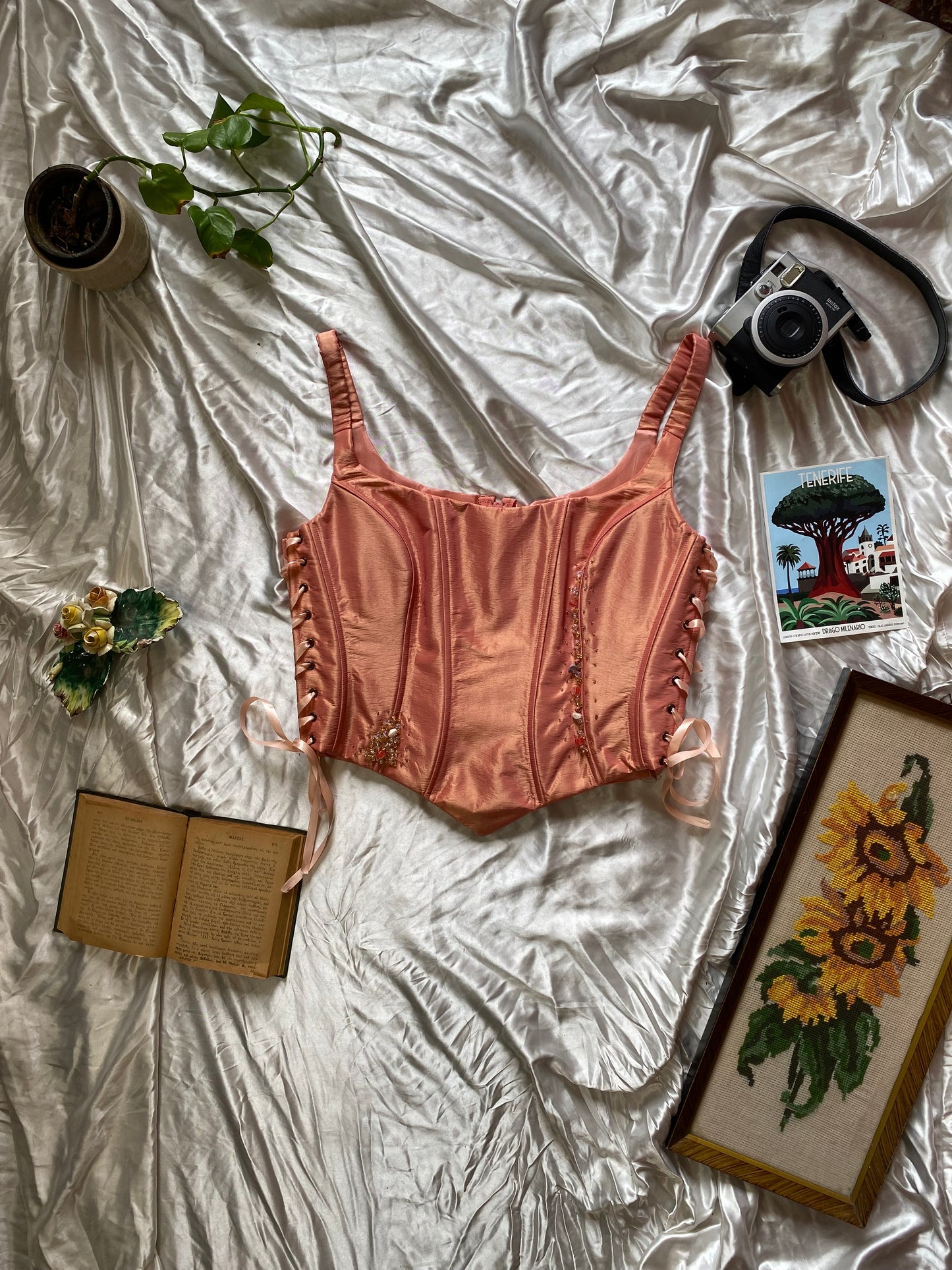 Brand new liquid organza orange lace up beaded corset