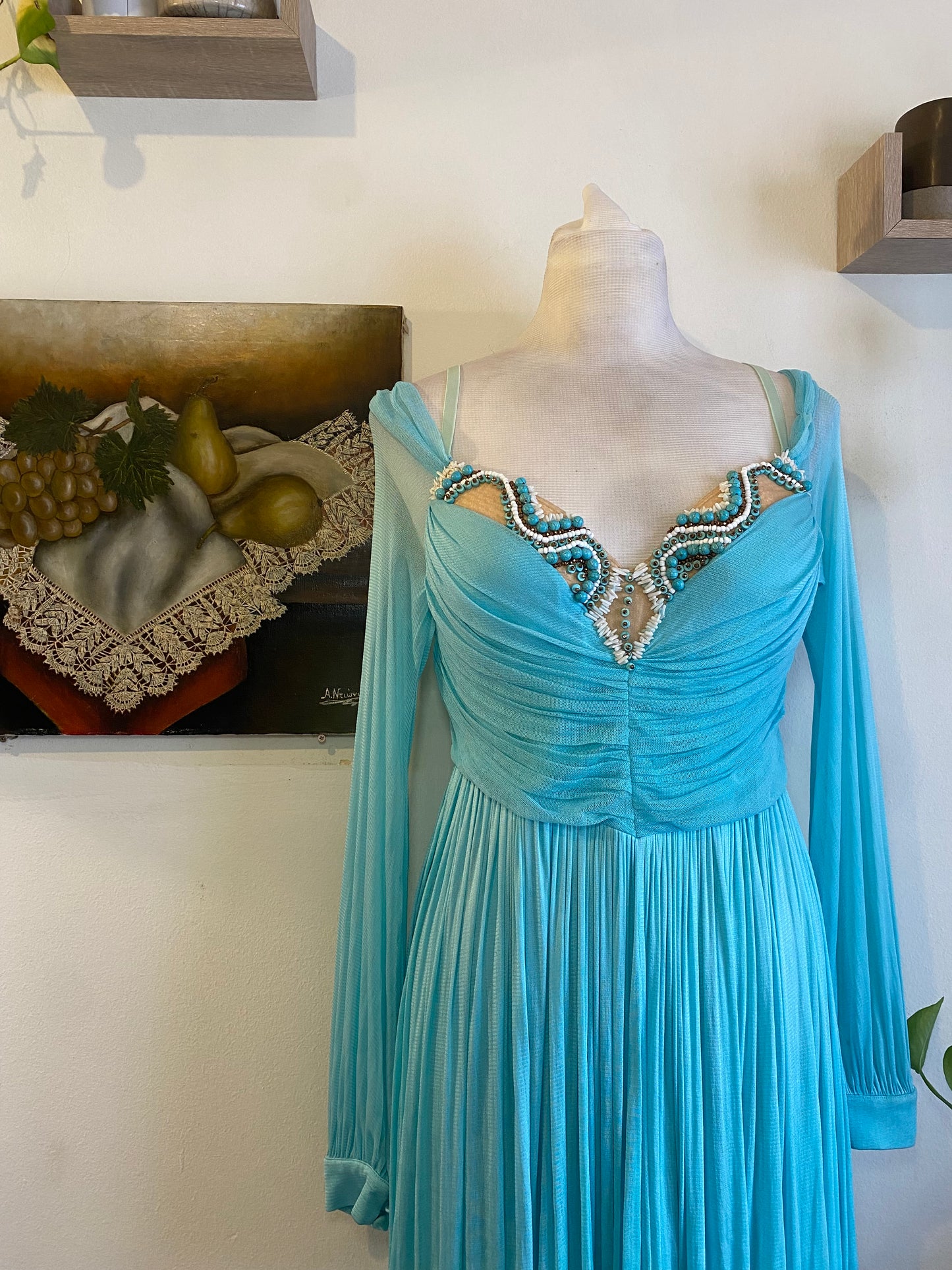 Brand new haute couture silk net baby blue mini dress