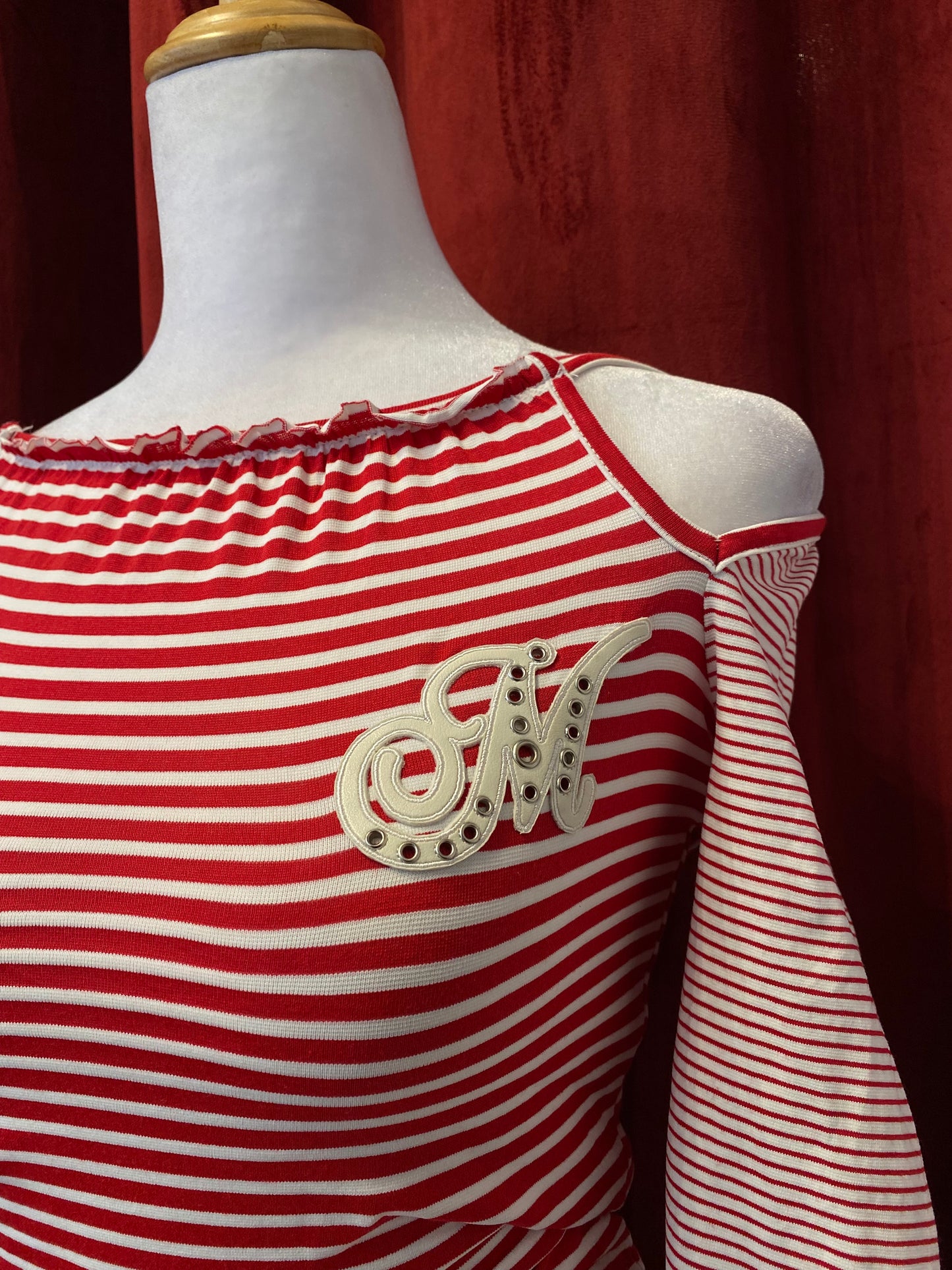 Morgan stripped red top with off the shoulder details