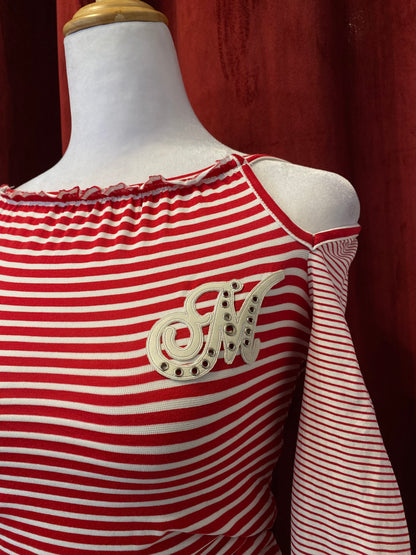 Morgan stripped red top with off the shoulder details
