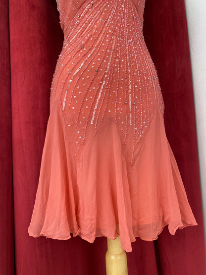 100% silk coral handbeaded dress