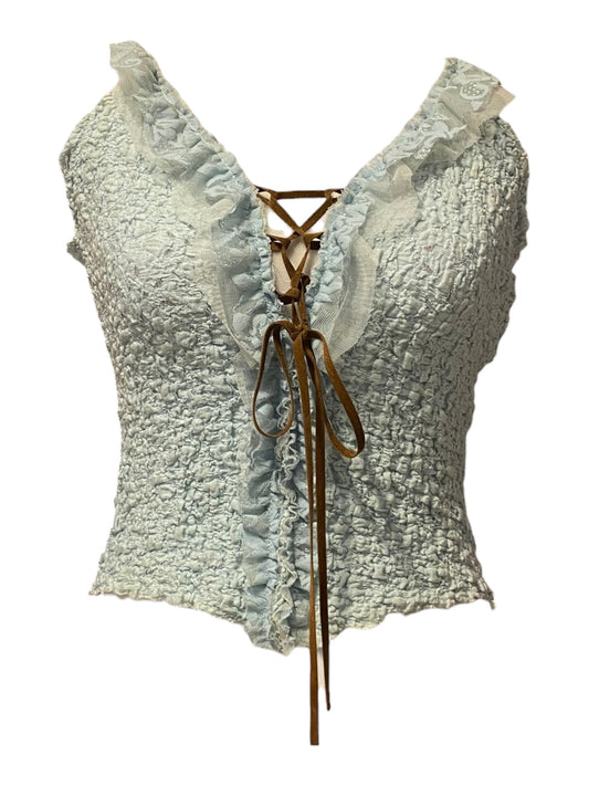 Baby blue rushed top with brown lace up details 🦋