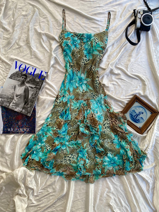 100% silk brand new animal print ruffled gown with handbeaded details