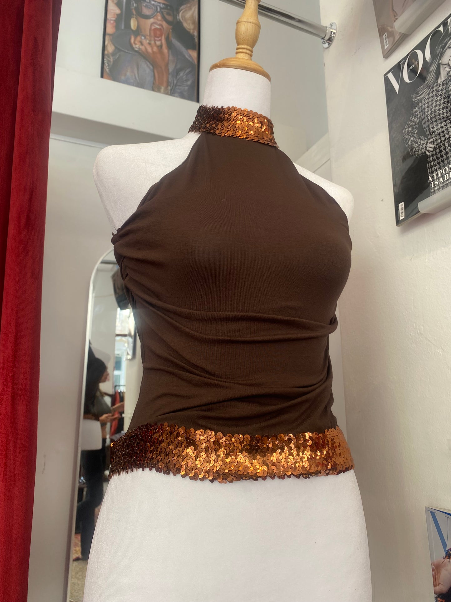Brand new brown halter top with sequin details