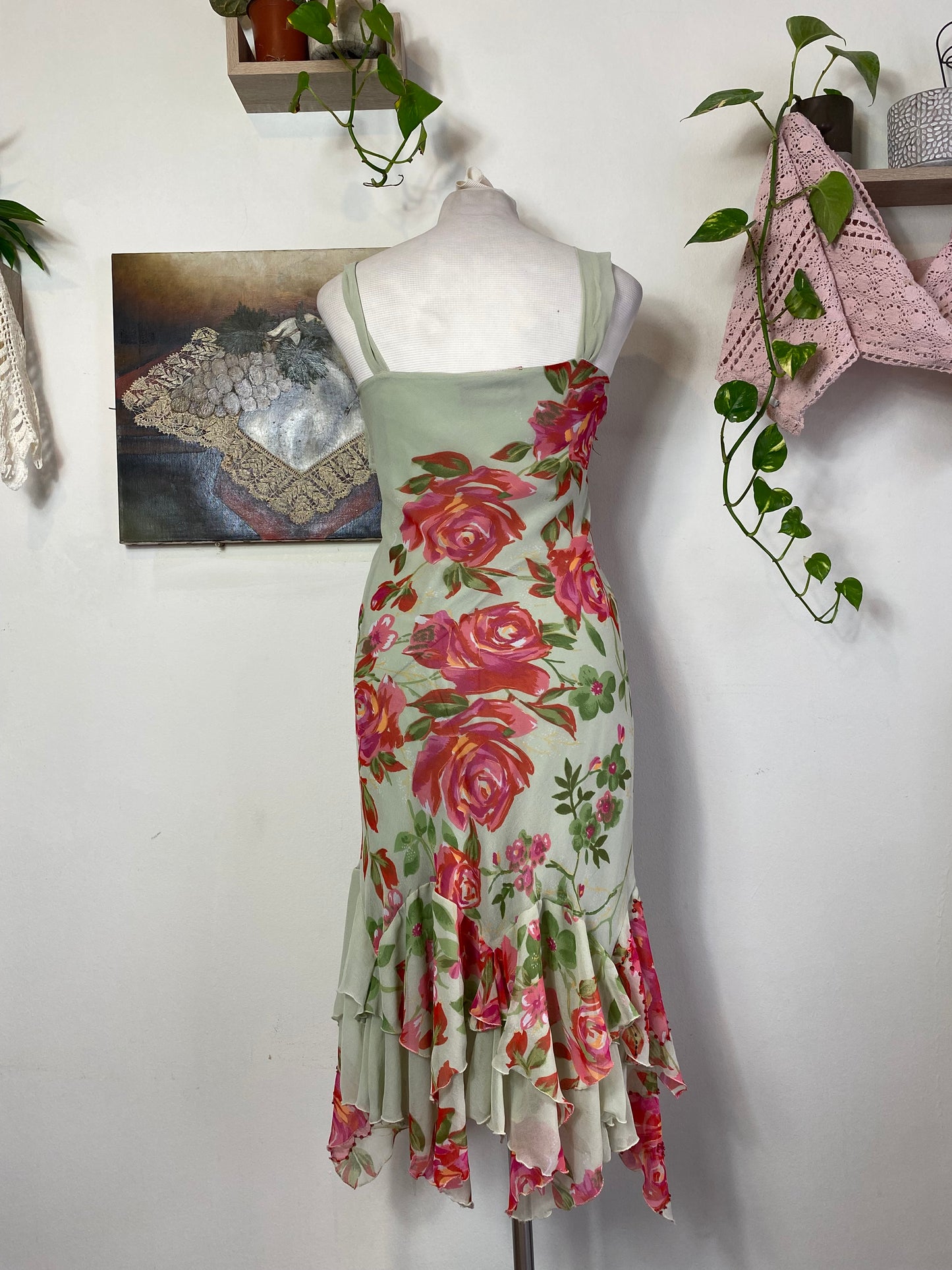 Handbeaded ruffled floral dress