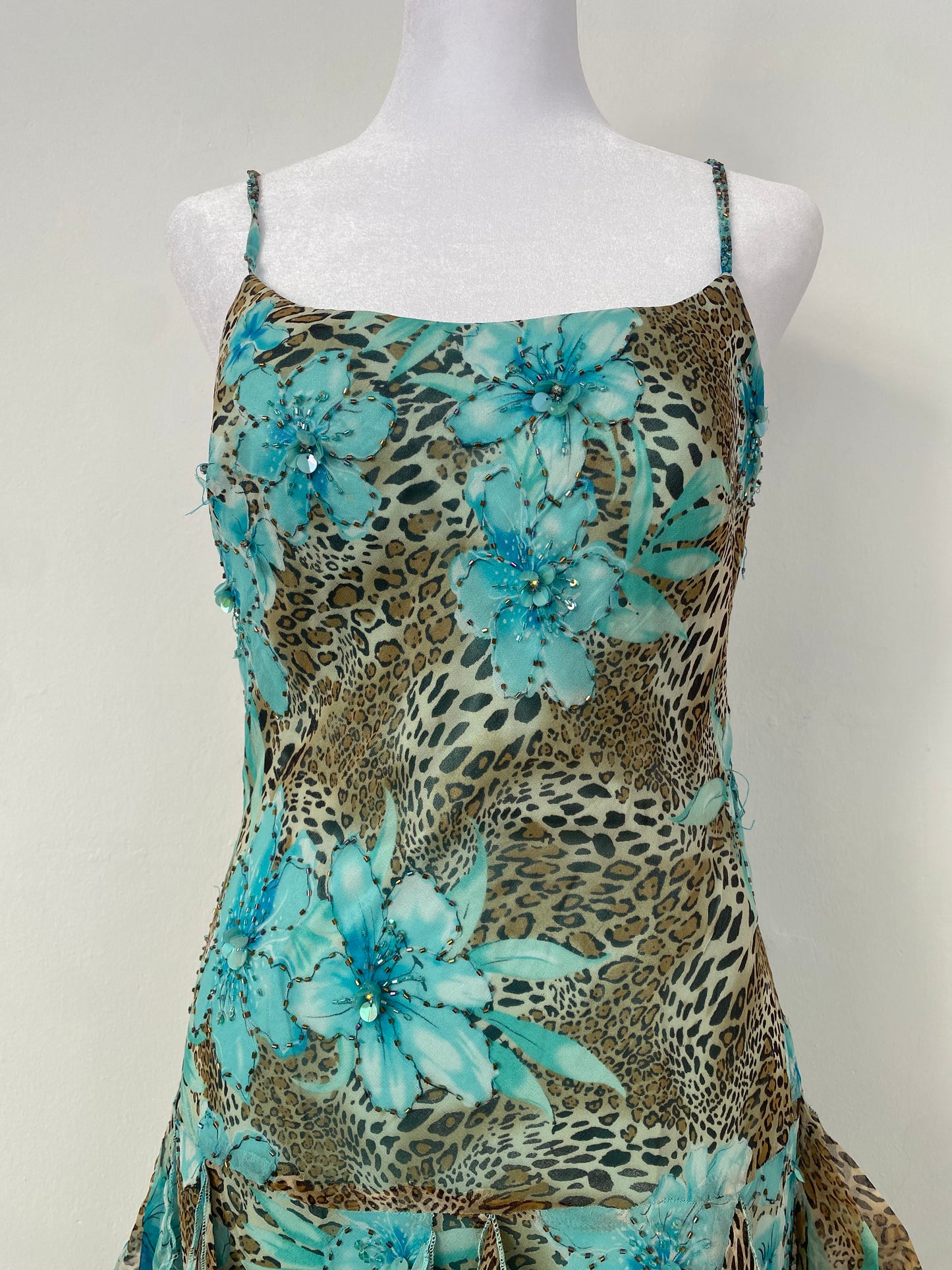 100% silk brand new animal print ruffled gown with handbeaded details