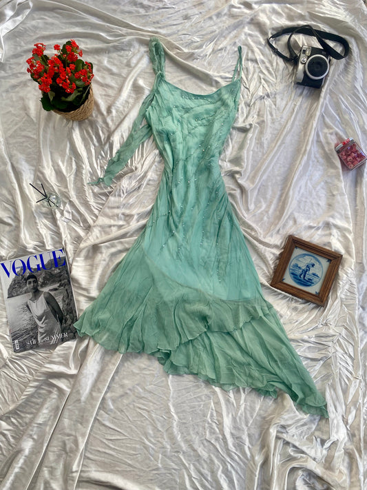 100% silk brand new light turquoise dress with all over handbeaded details