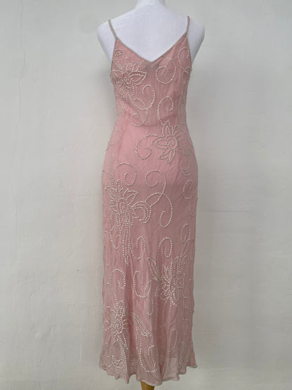 100% silk brand new baby pink maxi dress with handbeaded details