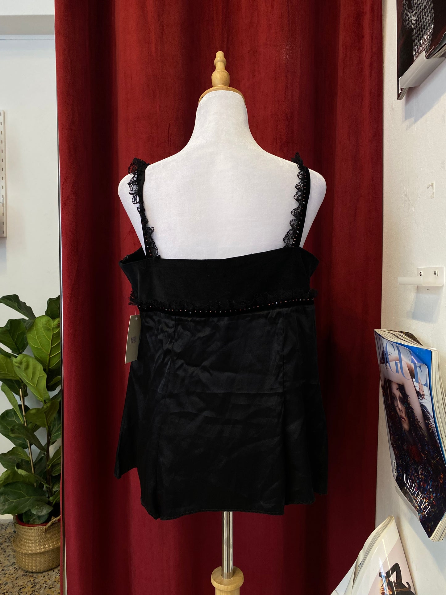 Black velvet top with lace and sequin details