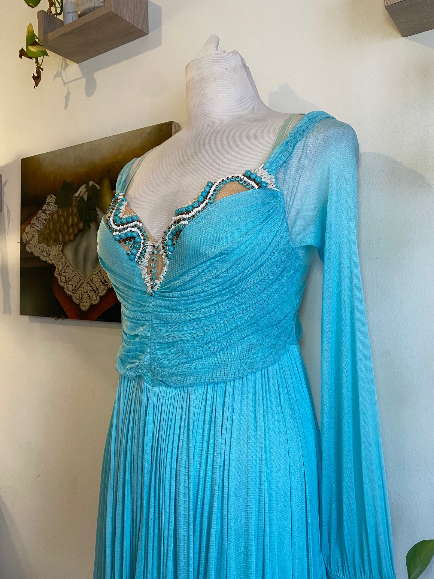 Brand new haute couture silk net baby blue mini dress