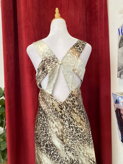 Leopard brand new floor length gown with open back