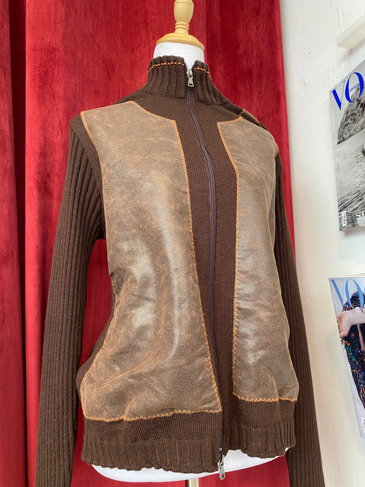 Brown leather crochet jacket