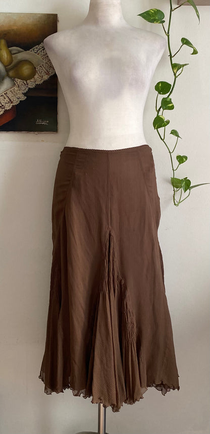 100% silk brown maxi ruffled skirt