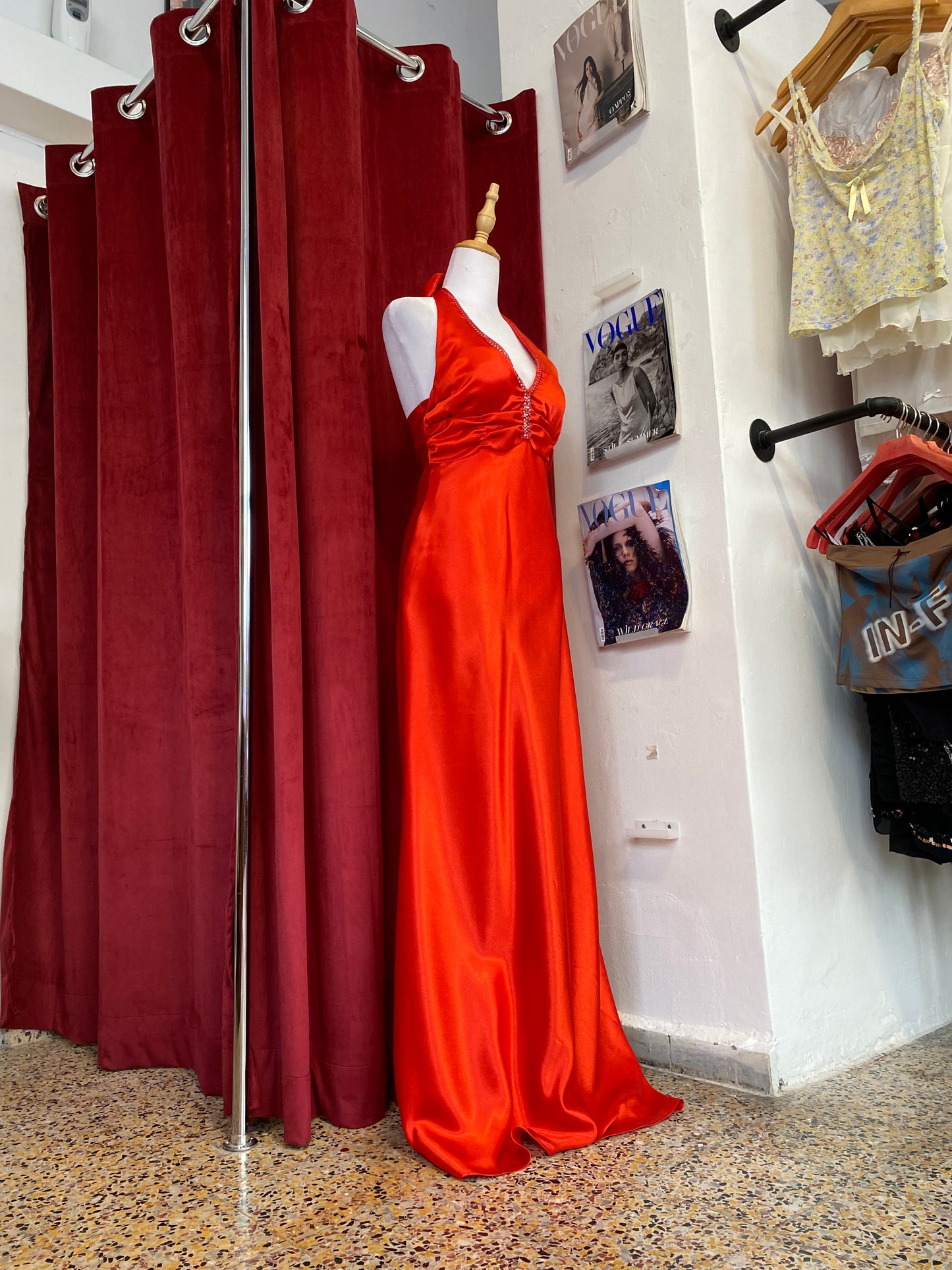 Red maxi satin gown with rhinestones
