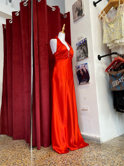 Red maxi satin gown with rhinestones