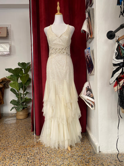 100% silk floor length gown with all over handbeaded details