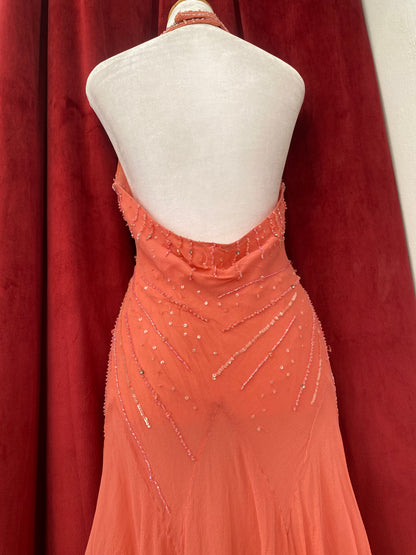 100% silk coral handbeaded dress
