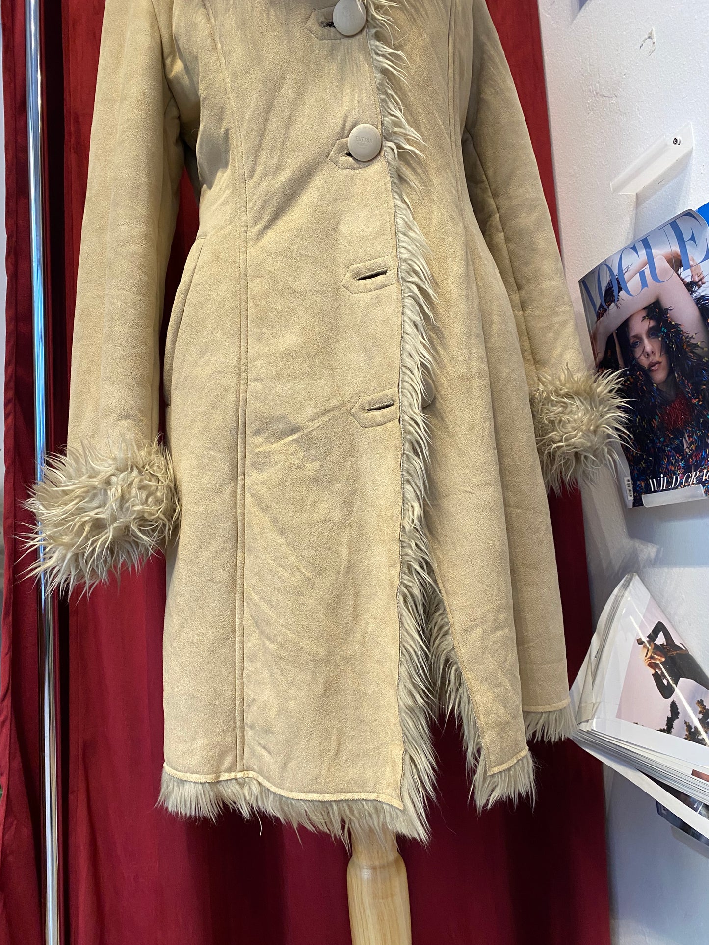Long beige afghan coat with vegan fur