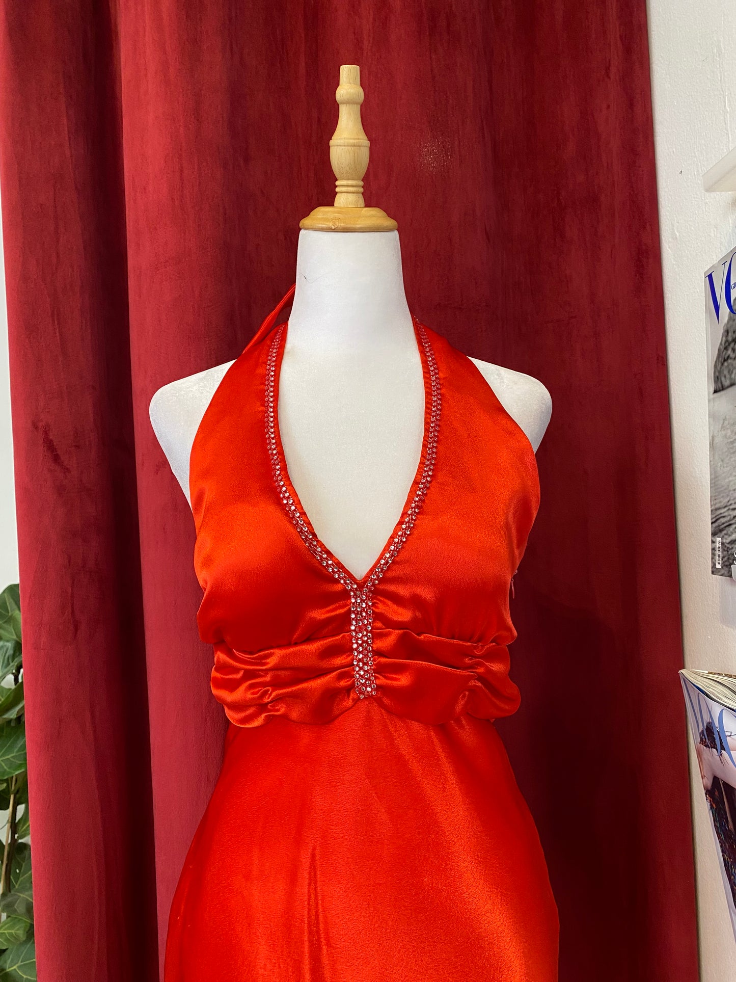 Red maxi satin gown with rhinestones