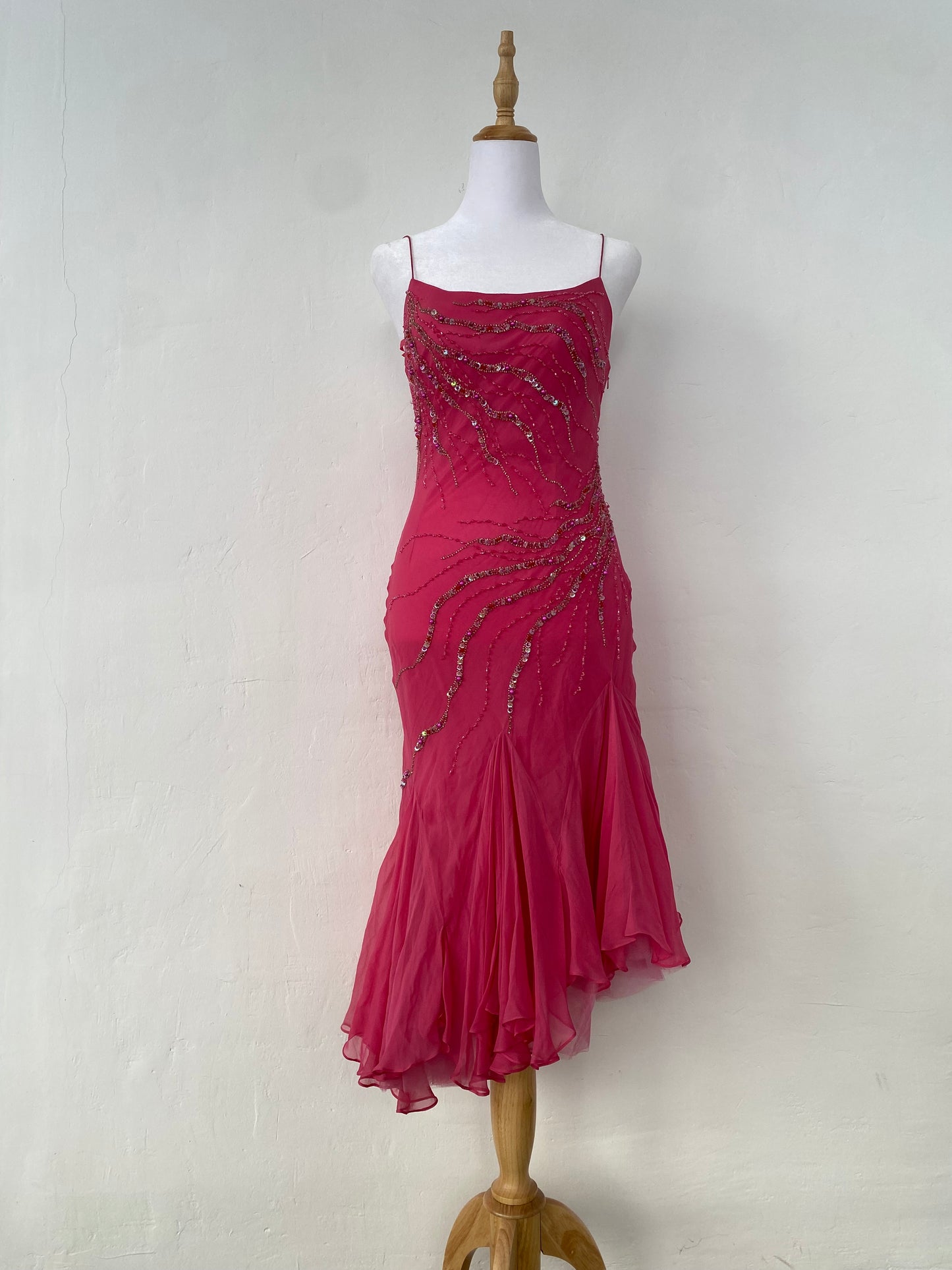 100% silk brand new pink handbeaded ruffled gown