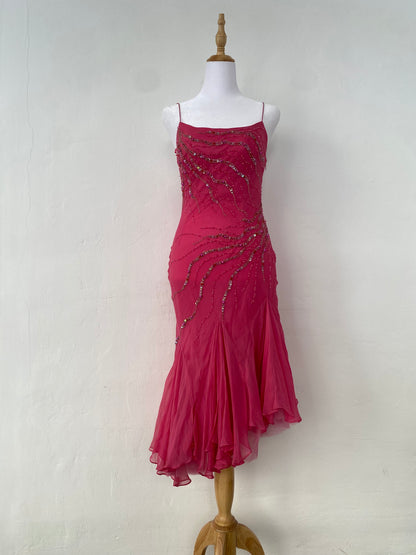 100% silk brand new pink handbeaded ruffled gown