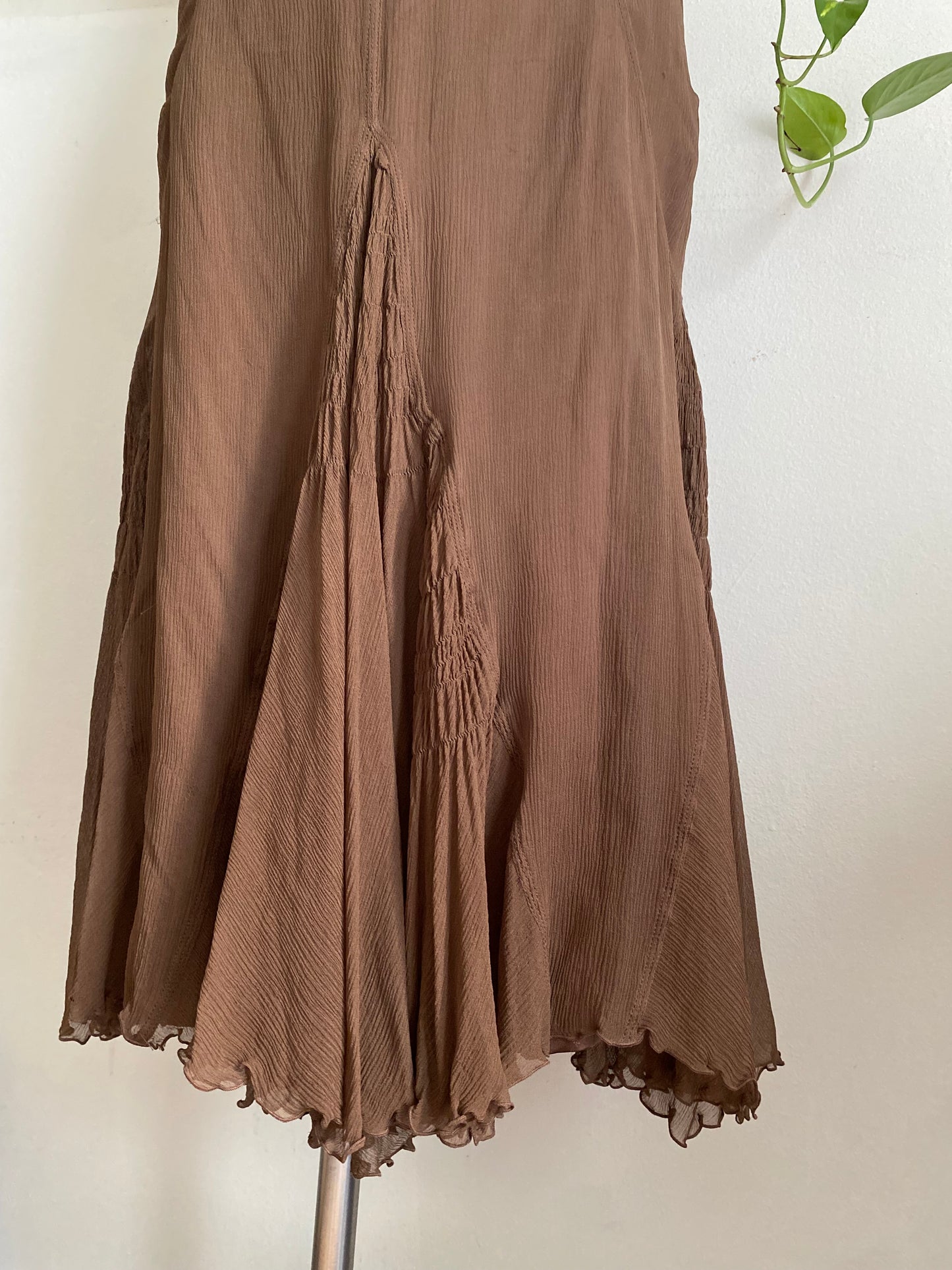 100% silk brown maxi ruffled skirt