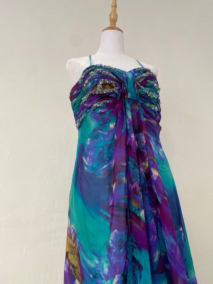 100% silk brand new maxi multicoloured gown with handbeaded details