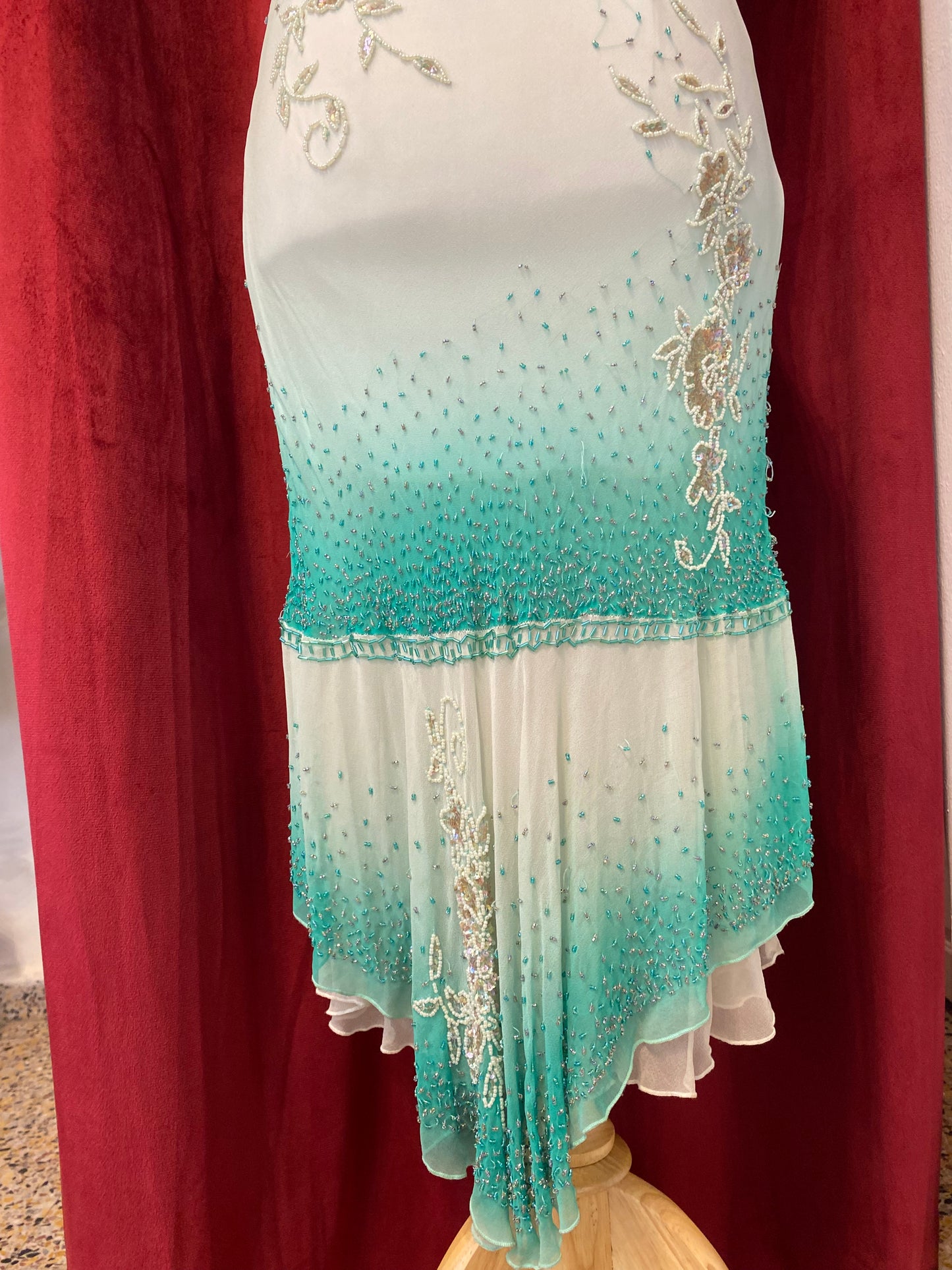 100% silk turquoise all over sequin ruffled dress🧚