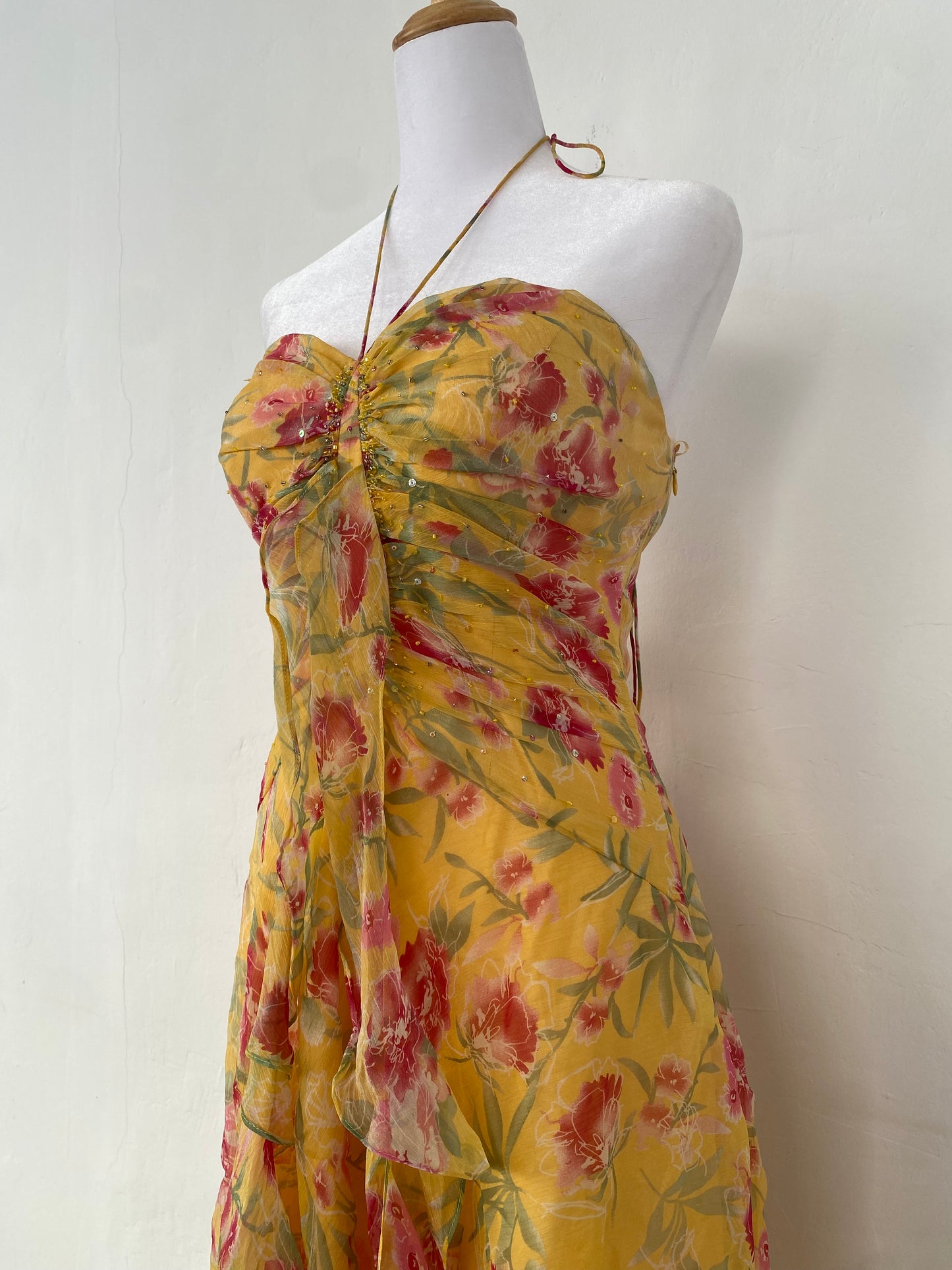 100% silk brand new yellow fairy ruffled dress with handbeaded details
