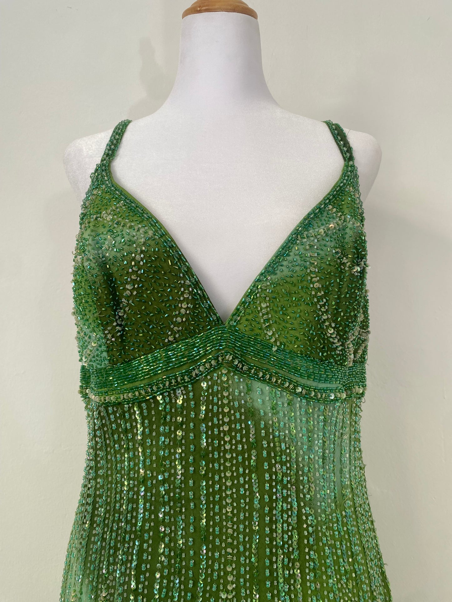 100% silk brand new green all over handbeaded dress