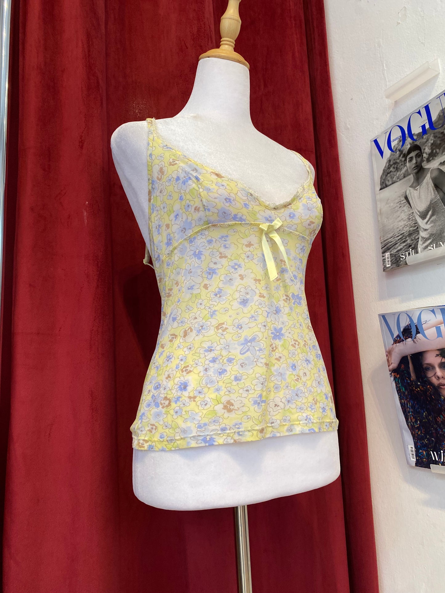 Yellow see through cami top with blue flower details