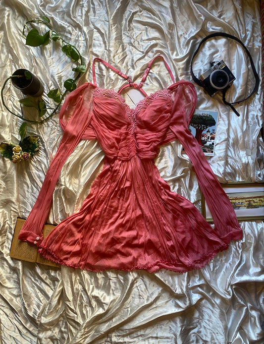 Brand new haute couture silk net mini pink dress