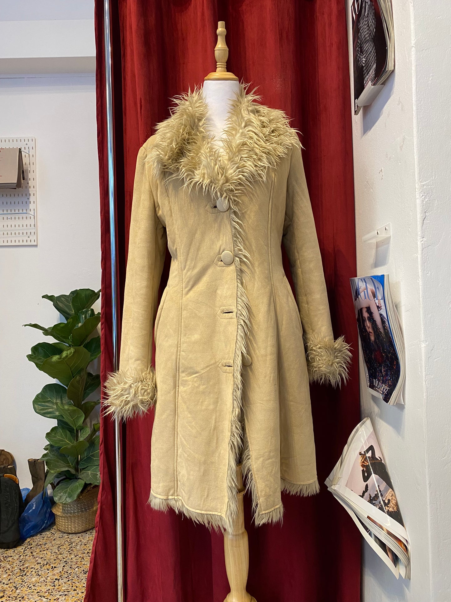 Long beige afghan coat with vegan fur