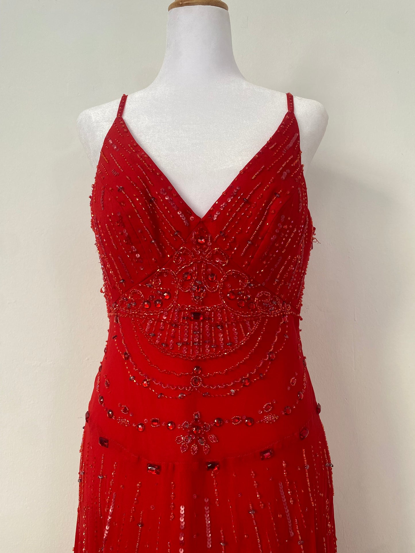 100% silk brand new red gown with all over handbeaded details