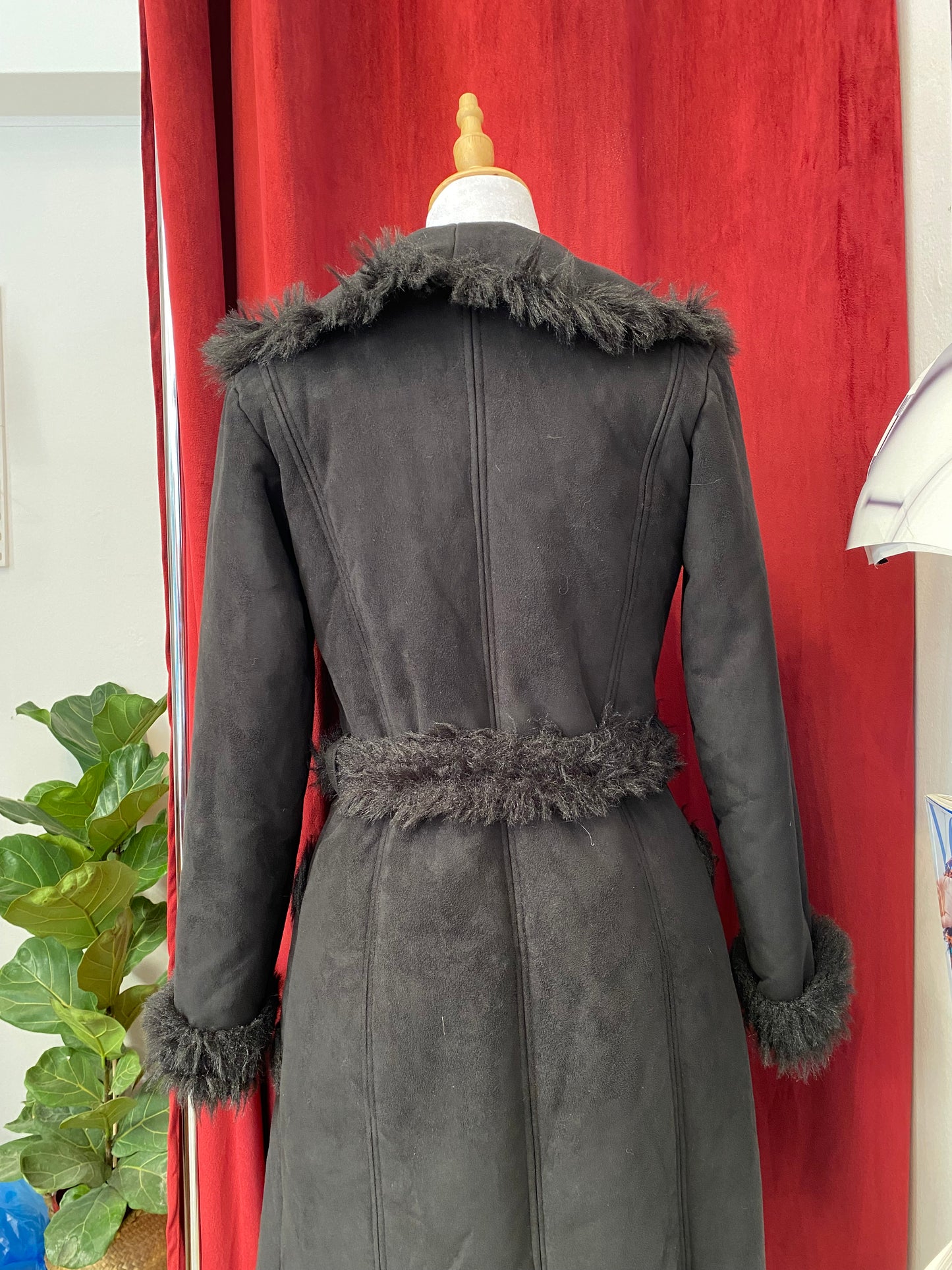 Black long embroidered Afghan coat with vegan fur