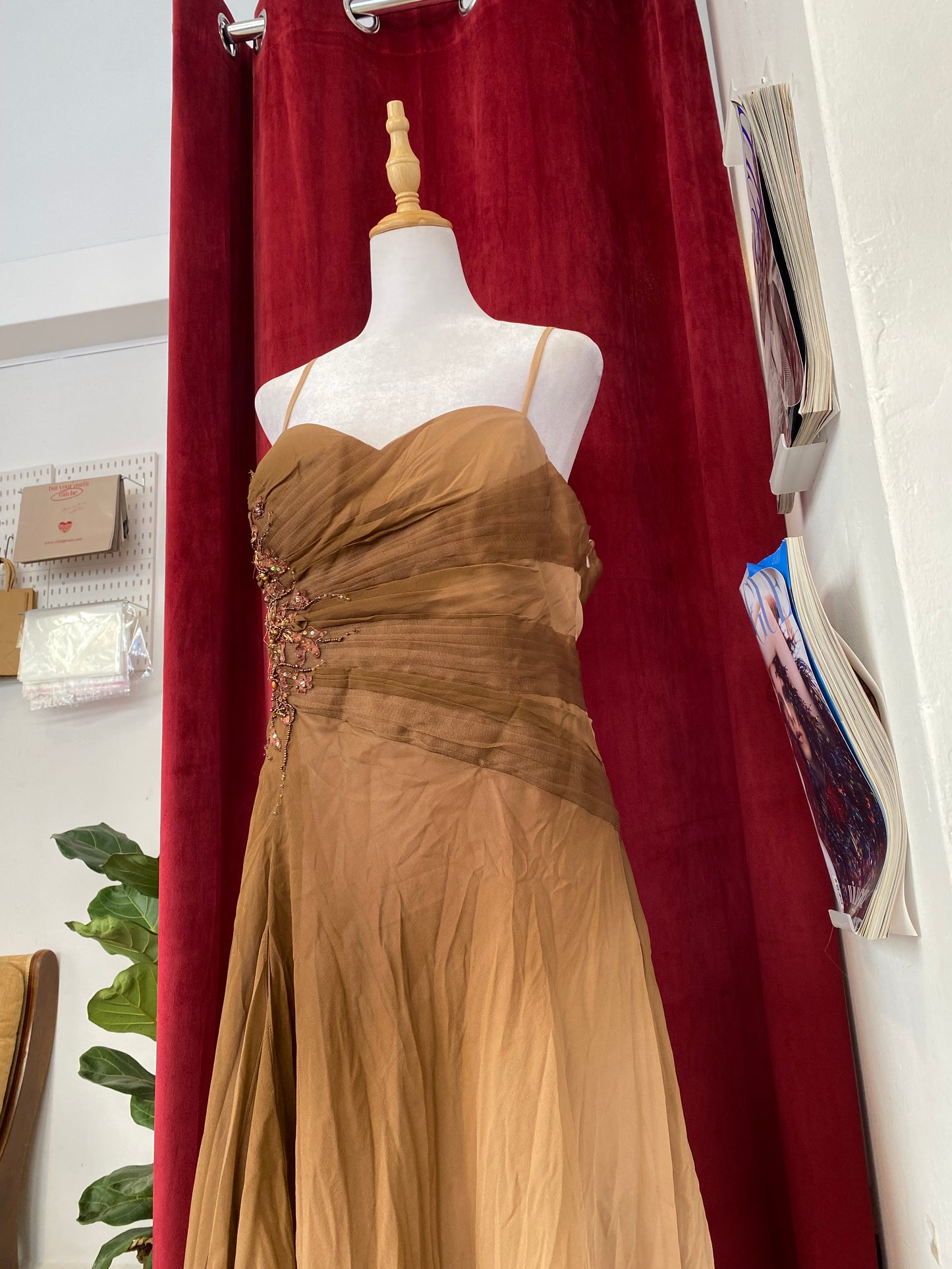 100% silk forest brown sequindress gown