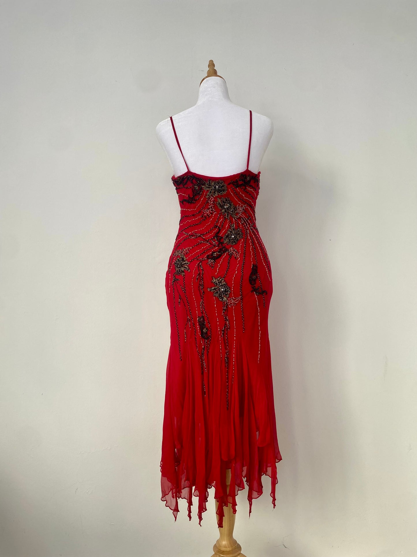 100% silk brand new deep red gown with all over handbeaded details