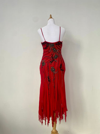100% silk brand new deep red gown with all over handbeaded details