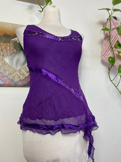 100% silk new deep purple sequin top