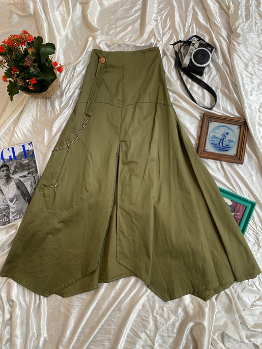 Cargo khaki maxi skirt with zippers