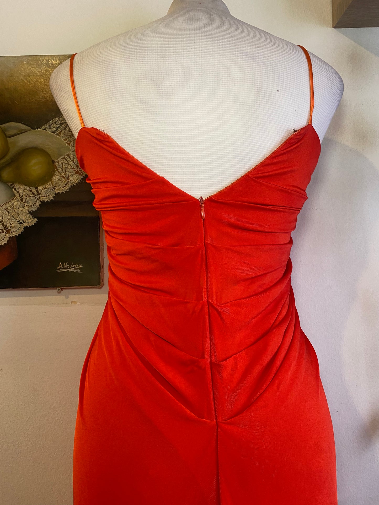 Brand new high slit haute couture orange rushed up dress